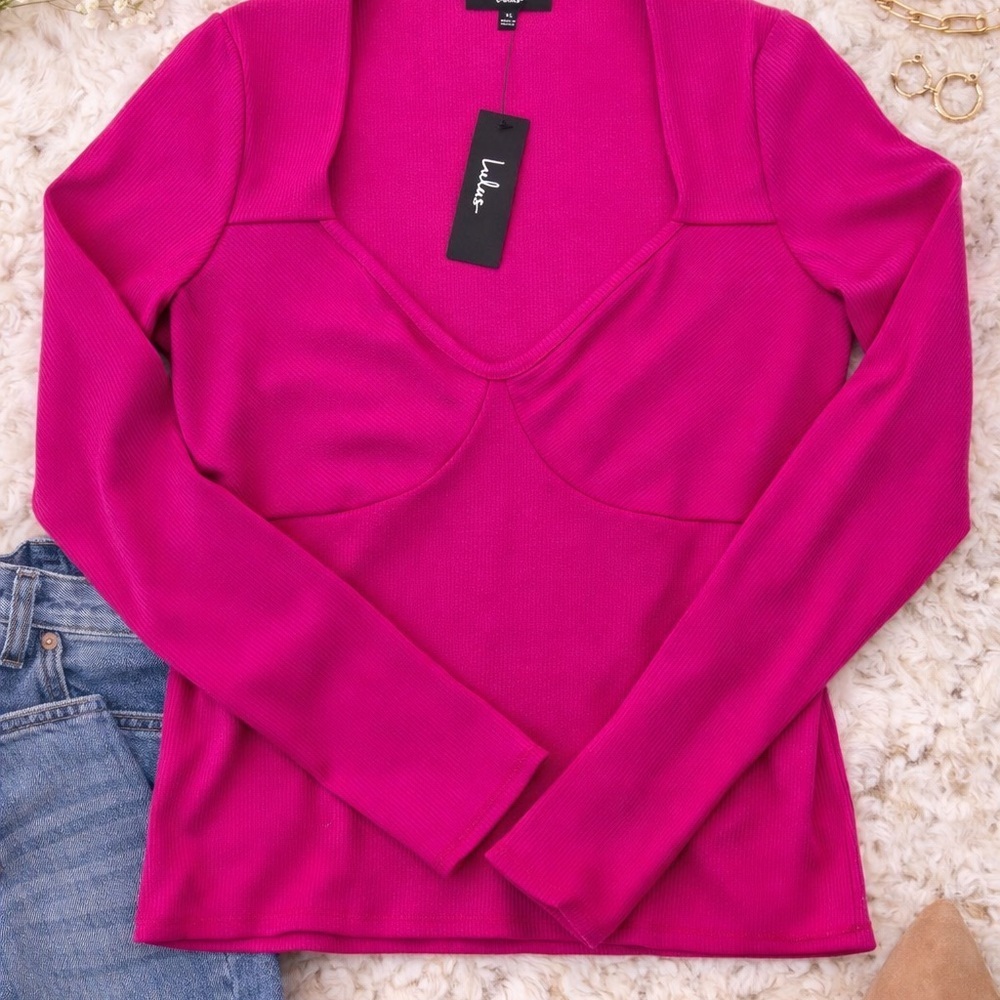 Lulus Hot Pink Ribbed Top XL NWT | Bustier Style Long Sleeve